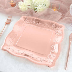 25-Pack Paper 11" Square Dinner Plates in Blush Rose Gold with Vintage Pottery Embossed Design - Shiny Metallic Disposable Serving Plates