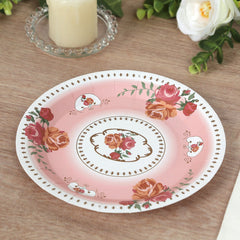 25-Pack Paper 9" Round Dinner Plates in Dusty Rose with Vintage Rose Flower Print - Disposable Plates