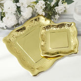25-Pack Paper 7" Square Dessert Plates in Gold with Vintage Pottery Embossed Design - Shiny Metallic Disposable Appetizer Plates for Luxe Gatherings & Celebrations