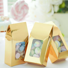 25 Pack Gold Tote With Window Party Favor Candy Gift Boxes 2.75" X 1.5" X 6"