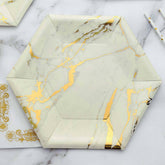25 Pack Ivory Marble 12" Serving Dinner Paper Plates, Disposable Hexagon Geometric Shaped Plates With Gold Foil Marble Design - 400 GSM