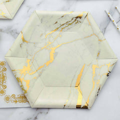 25 Pack Ivory Marble 12" Serving Dinner Paper Plates, Disposable Hexagon Geometric Shaped Plates With Gold Foil Marble Design - 400 GSM