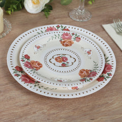25-Pack Paper 7" Round Dessert Plates in Ivory with Vintage Rose Flower Print - Disposable Appetizer Salad Plates for Bridal Showers & Garden Luncheons