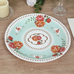 25-Pack Paper 9" Round Dinner Plates in Turquoise with Vintage Rose Flower Print - Disposable Plates for High Tea Gatherings & Romantic Celebrations