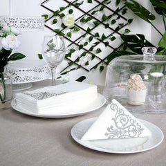 25 Pack Linen-Like Paper 8"x4" Napkins White with Metallic Silver Foil Fleur Vintage Design - Classy Disposable Airlaid Hand Towels for Weddings & Events