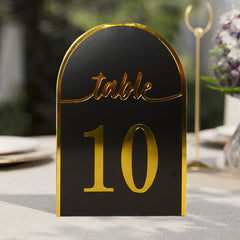 25-Pack Paper Wedding Table Numbers 1-25 Black Arch Cutout Design - Sleek & Modern Free Standing Double Sided Table Tent Cards with Metallic Gold Foil Numbers 7"