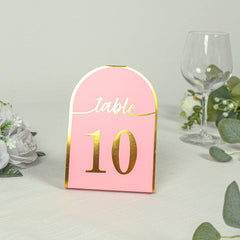 25-Pack Paper Wedding Table Numbers 1-25 Blush Arch Cutout Design - Sleek & Modern Free Standing Double Sided Table Tent Cards with Metallic Gold Foil Numbers 7"