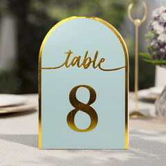 25-Pack Paper Wedding Table Numbers 1-25 Dusty Blue Arch Cutout Design - Sleek & Modern Free Standing Double Sided Table Tent Cards with Metallic Gold Foil Numbers 7"