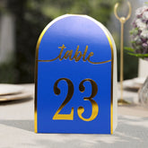25-Pack Paper Wedding Table Numbers 1-25 Royal Blue Arch Cutout Design - Sleek & Modern Free Standing Double Sided Table Tent Cards with Metallic Gold Foil Numbers 7"
