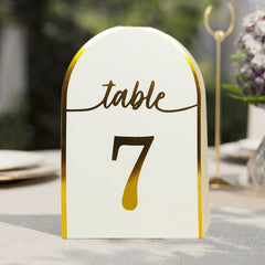 25-Pack Paper Wedding Table Numbers 1-25 White Arch Cutout Design - Sleek & Modern Free Standing Double Sided Table Tent Cards with Metallic Gold Foil Numbers 7"