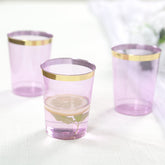 25-Pack Plastic Tumbler Cups Transparent Purple with Gold Rim - Stylish Disposable Party Glasses 10oz