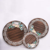 25-Pack Paper 8" Round Dessert Plates in Brown Wood Print with Floral Lace Rim - Disposable Salad Appetizer Plates for Farmhouse Events & Rustic Themes