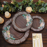 25-Pack Paper 10" Round Dinner Plates in Brown Wood Print with Floral Lace Rim - Disposable Party Plates for Farmhouse Weddings & Rustic Themes