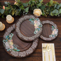 25-Pack Paper 10" Round Dinner Plates in Brown Wood Print with Floral Lace Rim - Disposable Party Plates for Farmhouse Weddings & Rustic Themes
