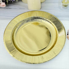 25-Pack Disposable Round Charger Plates in Metallic Gold Sunray Design - 350GSM Heavy Duty Paper Chargers for Chic Table Settings 13"