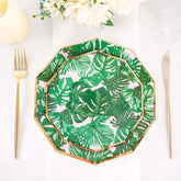 25-Pack Paper 7" Decagon Dessert Plates in Pink with Green Tropical Palm Leaves & Gold Rim - Disposable Geometric Appetizer Salad Plates for Boho Chic & Jungle Themed Events