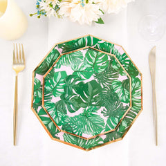 25-Pack Paper 7" Decagon Dessert Plates in Pink with Green Tropical Palm Leaves & Gold Rim - Disposable Geometric Appetizer Salad Plates for Boho Chic & Jungle Themed Events