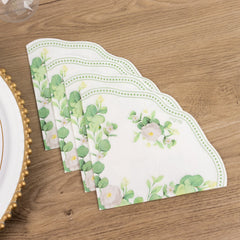 25-Pack Round Paper Cocktail Napkins with Floral Greenery and Scalloped Edge White - Disposable 2 Ply Beverage Napkins 12"