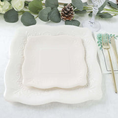25-Pack Paper 7" Square Dessert Plates in White with Vintage Pottery Embossed Design - Shiny Disposable Appetizer Plates