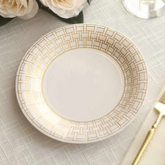 25-Pack Paper 7" Round Dessert Plates in White with Gold Basketweave Rim