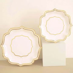 25-Pack Paper Dessert Plates in White with Gold Scallop Rim - Disposable 300GSM Appetizer Salad Plates for Classy Banquets & Celebrations 8"