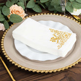 25 Pack White Linen-Feel Dinner Paper Napkins with Gold Fleur Vintage Print, Premium Cloth-Like Airlaid Disposable Napkins, Soft and Absorbent Guest Towels