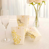 25 Pack White Paper Pouch Candy Gift Bags With Gold Rose Flower Print, Party Favor Boxes with Pin and Tags - 4.5"x4"