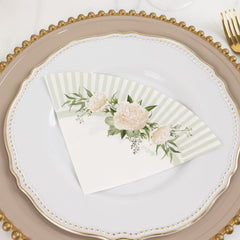 25-Pack Round Paper Cocktail Napkins with Floral Lined Pattern White/Sage Green - Disposable 2 Ply Beverage Napkins 12"