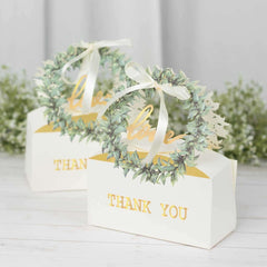 25 Pack White Thank You Candy Treat Boxes with Ribbon, Love Wreath Party Favor Gift Boxes - 6"x3"x7"