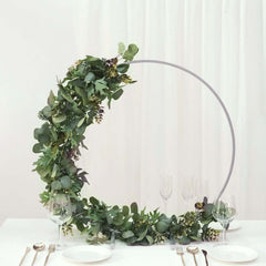 28" Silver Metal Round Hoop Wedding Centerpiece, Self Standing Table Floral Wreath Frame