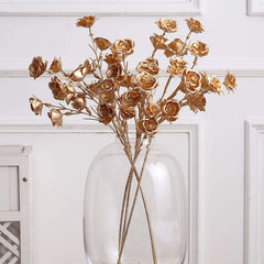 3-Pack Artificial Rose Flower Sprays Metallic Gold - Realistic Faux Floral Branches for Stylish Bouquets & Centerpieces 22"