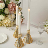 3-Pack Ceramic Taper Candle Holders Ribbed Cone Shaped Design Metallic Gold - Candlestick Stands for Decor 5"