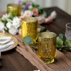 3-Pack Mercury Glass Hurricane Candle Holders Gold Wavy Column Design - Votive Pillar Vase 5"