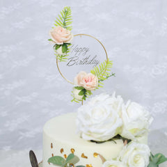 3 Pcs Happy Birthday Cake Toppers with Gold Metal Frames & Clear Acrylic Panels - Charming Reusable Cake Decorations with Stylish Silk Flower Accents