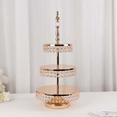 3-Tier Cake Stand Crystal Beaded Gold with Round Mirror Top - Metal Cupcake Tower Dessert Display 26"