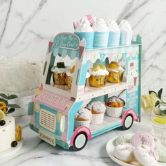 3-Tier Cardboard Cupcake Dessert Stand Tower with Ice Cream Truck Double Decker Design - Fun Disposable Treat Display for Kids' Parties & Snack Stations 16"