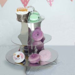 3-Tier Cardboard Cupcake Stand Metallic Silver - Reusable Dessert Table Display Tower for Classy Birthday Wedding Party Decoration 14"
