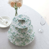 3-Tier Cardboard Cupcake Stand White with Green Eucalyptus Leaves Pattern - Reusable Dessert Display Stand Round Serving Platter for High-Tea Gatherings Weddings & Spring Celebrations 11"