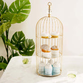 3-Tier Cupcake Cake Stand Bird Cage Design with Crystal Top Mirror Base - Serving Tray with Hanging Option 22"