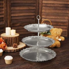 3-Tier Plastic Round Cupcake Stand 15" Metallic Silver with Lace Scalloped Edges - Multifunctional Space Saving Dessert Display Tower Pastry Serving Tray for Classy Events