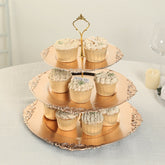 3-Tier Plastic Round Cupcake Stand Metallic Gold - Vintage-Inspired Reusable Dessert Display Holder Tea Party Serving Tray Platter with Baroque Rim & Top Handle 13"