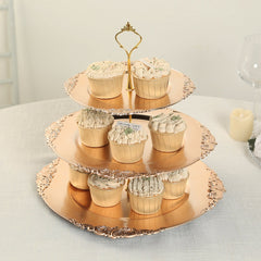 3-Tier Plastic Round Cupcake Stand Metallic Gold - Vintage-Inspired Reusable Dessert Display Holder Tea Party Serving Tray Platter with Baroque Rim & Top Handle 13"