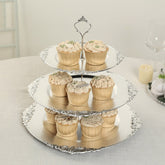 3-Tier Plastic Round Cupcake Stand Metallic Silver - Vintage-Inspired Reusable Dessert Display Holder Tea Party Serving Tray Platter with Baroque Rim & Top Handle 13"