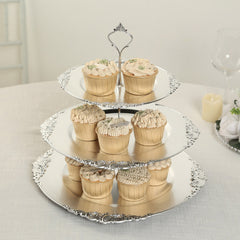3-Tier Plastic Round Cupcake Stand Metallic Silver - Vintage-Inspired Reusable Dessert Display Holder Tea Party Serving Tray Platter with Baroque Rim & Top Handle 13"