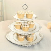 3-Tier Plastic Round Cupcake Stand Whitewashed - Vintage-Inspired Reusable Dessert Display Holder Tea Party Serving Tray Platter with Antique Gold Baroque Rim & Top Handle 13"