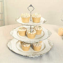3-Tier Plastic Round Cupcake Stand Whitewashed - Vintage-Inspired Reusable Dessert Display Holder Tea Party Serving Tray Platter with Antique Gold Baroque Rim & Top Handle 13"