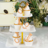 3-Tier Plastic Square Cupcake Stand Tower White - Charming Disposable Dessert Display Serving Tray Platter with Heart Wavy Edge & Gold Top Handle for Tea Parties Weddings & Special Occasions 13"