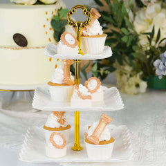 3-Tier Plastic Square Cupcake Stand Tower White - Charming Disposable Dessert Display Serving Tray Platter with Heart Wavy Edge & Gold Top Handle for Tea Parties Weddings & Special Occasions 13"