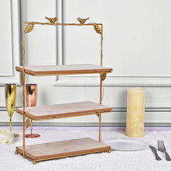 3-Tier Wooden Cheese Board Stand Rectangular Gold/Wood Slice Design - Rustic Cupcake Tower Centerpiece with Assembly Tools 19"