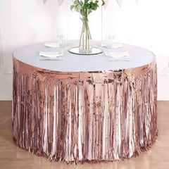 Metallic Foil Fringe Table Skirt Rose Gold with Self Adhesive Backing - Durable Tinsel Skirt for Parties 30"x9ft